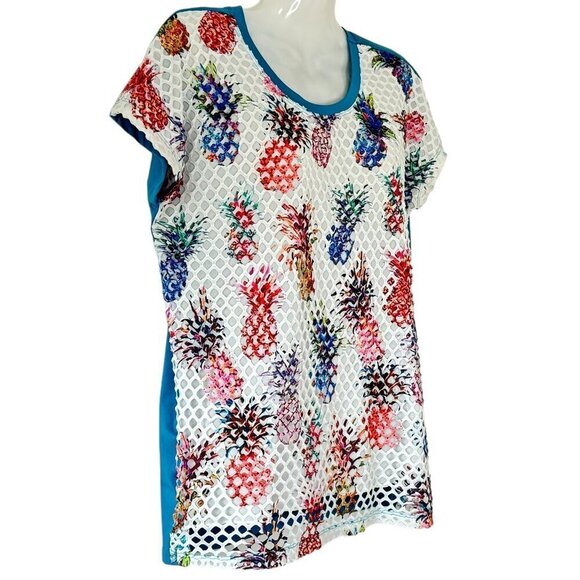 Aris A. Mesh Top Pineapple Mirage Print Scoop Neck Cap Sleeve White Teal  Small - Picture 3 of 6